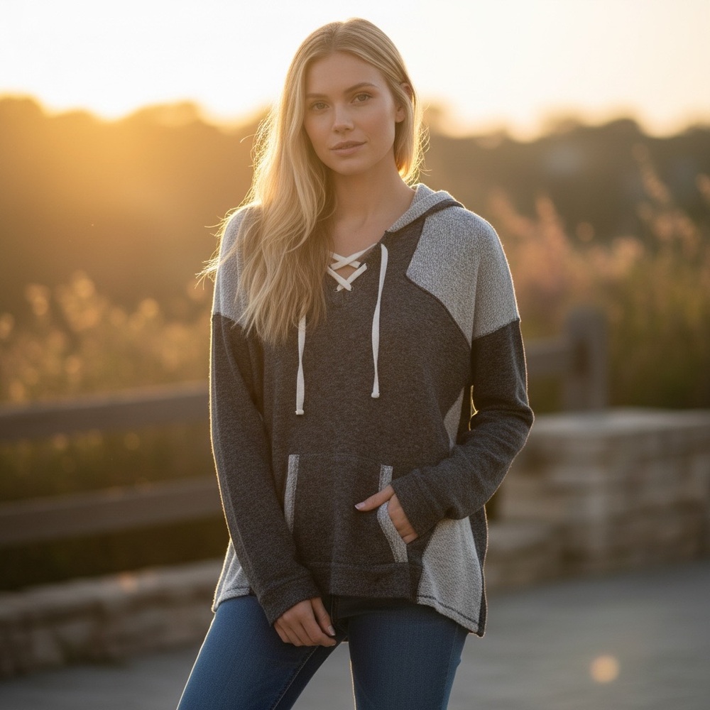 One Clothing Los Angeles Mixed Knit Colorblock Lace Up Hoodie in Two Tone Grey